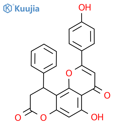 5-hydroxy-2-(4-hydroxyphenyl)-10-phenyl-9,10-dihydropyrano[2,3-h]chromene-4,8-dione structure