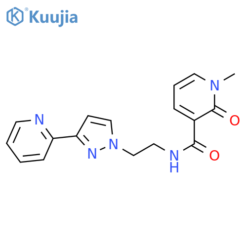 1-methyl-2-oxo-N-{2-3-(pyridin-2-yl)-1H-pyrazol-1-ylethyl}-1,2-dihydropyridine-3-carboxamide structure