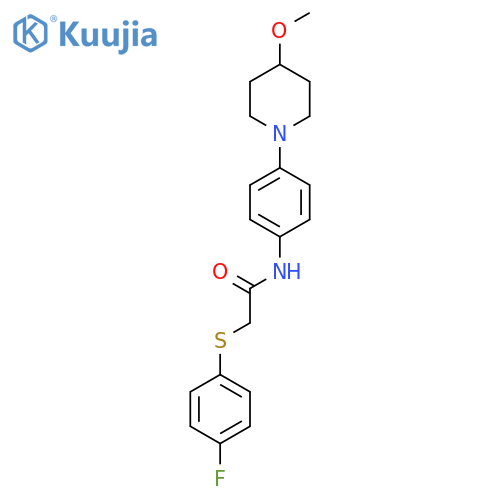 2-(4-fluorophenyl)sulfanyl-N-4-(4-methoxypiperidin-1-yl)phenylacetamide structure