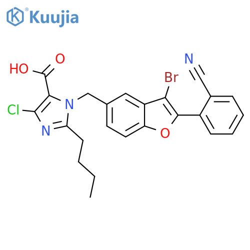 1-((3-bromo-2-(2-cyanophenyl)benzofuran-5-yl)methyl)-2-butyl-4-chloro-1H-imidazole-5-carboxylic acid structure