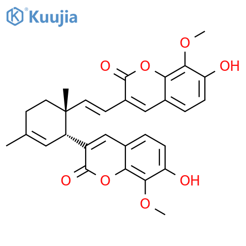 2H-1-Benzopyran-2-one, 7-hydroxy-3-[(1E)-2-[(1R,2R)-2-(7-hydroxy-8-methoxy-2-oxo-2H-1-benzopyran-3-yl)-1,4-dimethyl-3-cyclohexen-1-yl]ethenyl]-8-methoxy-, rel- structure