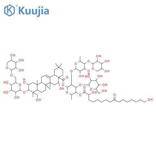 Olean-12-en-28-oicacid, 3-[(6-O-a-L-arabinopyranosyl-b-D-glucopyranosyl)oxy]-2,16,23-trihydroxy-,O-b-D-glucopyranosyl-(1(R)3)-O-[O-b-D-xylopyranosyl-(1(R)4)-6-deoxy-a-L-mannopyranosyl-(1(R)2)]-6-deoxy-4-O-(2,16-dihydroxy-1,9-dioxohexadecyl)-b-D-galactopyranosyl ester, (2b,3b,4a,16a)- (9CI) structure