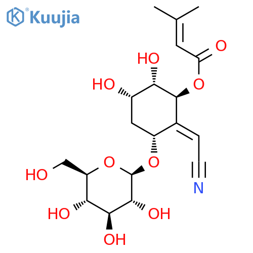 2-Butenoic acid,3-methyl-, 2-(cyanomethylene)-3-(b-D-glucopyranosyloxy)-5,6-dihydroxycyclohexyl ester, (1S,2E,3R,5S,6S)-(9CI) structure