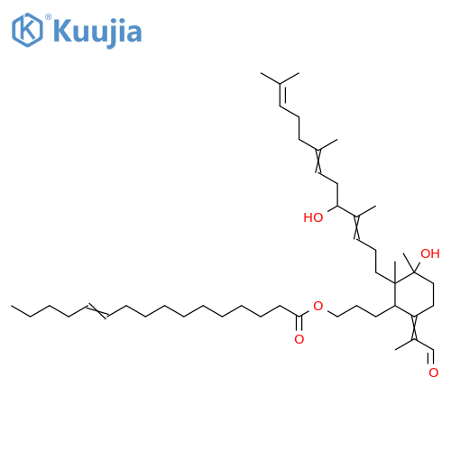 11-Hexadecenoic acid, 3-[3-hydroxy-2-(5-hydroxy-4,8,12-trimethyl-3,7,11-tridecatrienyl)-2,3-dimethyl-6-(1-methyl-2-oxoethylidene)cyclohexyl]propyl ester (9CI) structure