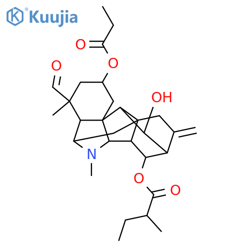 2,11,13-Trihydroxy-19,21-secohetisan-19-al; (2α,5β,11α,13R)-form, N-Me, 13-O-(2S-methylbutanoyl), 2-propanoyl structure