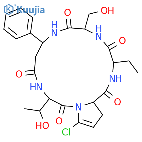 Cyclo[(3R)-3-phenyl-b-alanyl-L-allothreonyl-5-chloro-4,5-didehydro-L-prolyl-(2S)-2-aminobutanoyl-L-seryl](9CI) structure