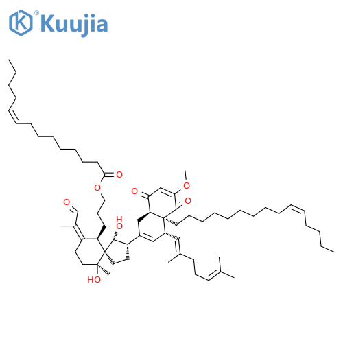 9-Tetradecenoic acid, 3-[(1R,2S,5S,6R,7Z,10S)-2-[(4R,4aS,8aR)-4-[(1E)-2,6-dimethyl-1,5-heptadienyl]-1,4,4a,5,8,8a-hexahydro-6-methoxy-5,8-dioxo-4a-[(10Z)-10-pentadecenyl]-2-naphthalenyl]-1,10-dihydroxy-10-methyl-7-(1-methyl-2-oxoethylidene)spiro[4.5]dec-6-yl]propyl ester, (9Z)- (9CI) structure