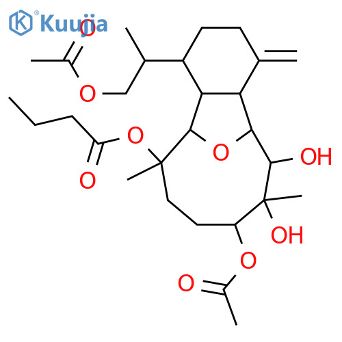 6,13-Epoxy-4(18)-eunicellene-7,8,9,12,16-pentol; (6α,7α,8α,9β,12β,13α,15R)-form, 12-Butanoyl, 9,16-di-Ac structure