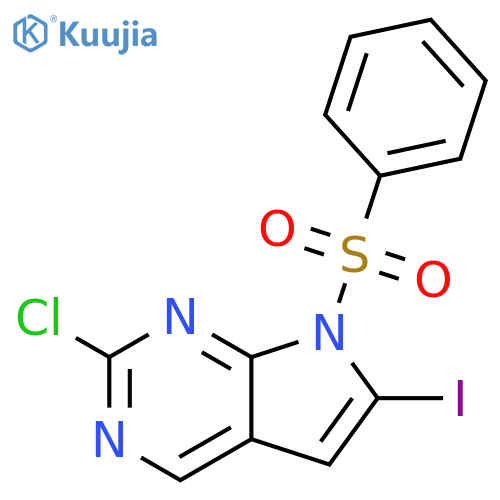 7-(benzenesulfonyl)-2-chloro-6-iodo-7H-pyrrolo[2,3-d]pyrimidine structure
