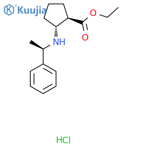 (1R,2R)-Ethyl 2-(((R)-1-phenylethyl)amino)cyclopentanecarboxylate hydrochloride structure