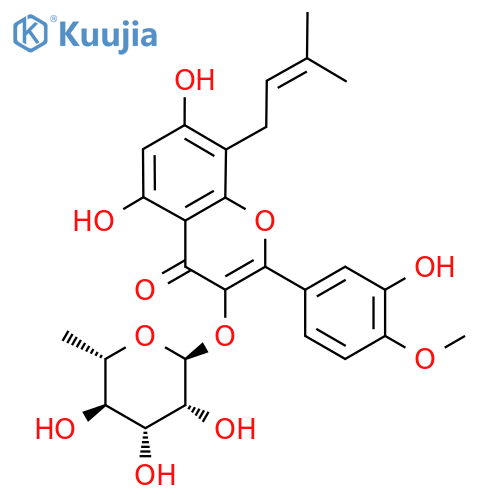 4H-1-Benzopyran-4-one, 3-[(6-deoxy-α-L-mannopyranosyl)oxy]-5,7-dihydroxy-2-(3-hydroxy-4-methoxyphenyl)-8-(3-methyl-2-buten-1-yl)- structure