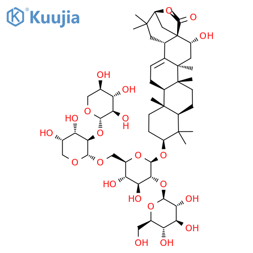 Olean-12-en-28-oic acid, 3-[(O-β-D-glucopyranosyl-(1→2)-O-[O-β-D-xylopyranosyl-(1→2)-α-L-arabinopyranosyl-(1→6)]-β-D-glucopyranosyl)oxy]-16,21-dihydroxy-, γ-lactone, (3β,16α,21β)- structure