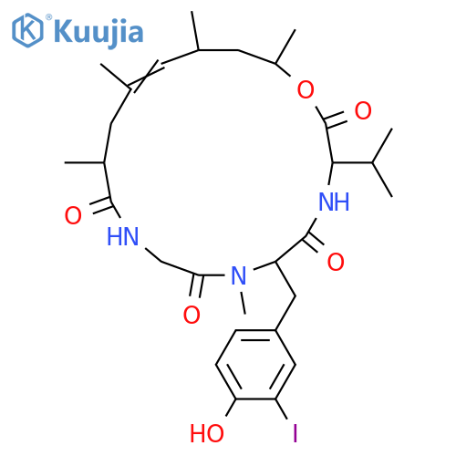 Cyclo[glycyl-3-iodo-N-methyl-D-tyrosyl-L-valyl-(2S,4E,6R,8S)-8-hydroxy-2,4,6-trimethyl-4-nonenoyl] (9CI) structure