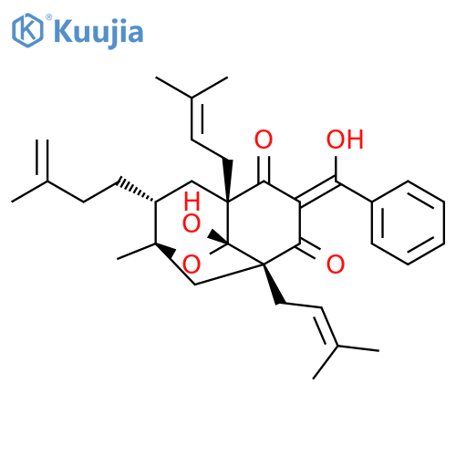 2,8-Methano-2H-1-benzopyran-5,7(3H,4aH)-dione, tetrahydro-8a-hydroxy-6-(hydroxyphenylmethylene)-2-methyl-4a,8-bis(3-methyl-2-buten-1-yl)-3-(3-methyl-3-buten-1-yl)-, (2R,3R,4aR,6E,8S,8aR)- structure
