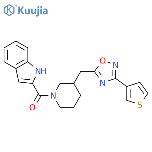 2-(3-{[3-(thiophen-3-yl)-1,2,4-oxadiazol-5-yl]methyl}piperidine-1-carbonyl)-1H-indole structure