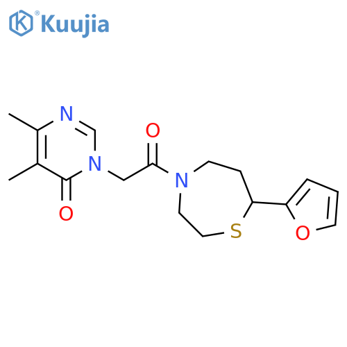 3-{2-[7-(furan-2-yl)-1,4-thiazepan-4-yl]-2-oxoethyl}-5,6-dimethyl-3,4-dihydropyrimidin-4-one structure