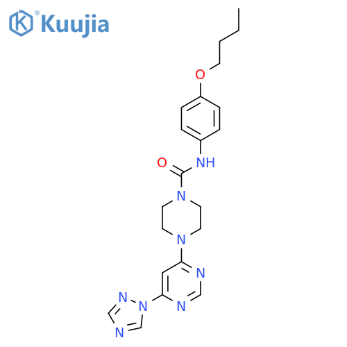 4-(6-(1H-1,2,4-triazol-1-yl)pyrimidin-4-yl)-N-(4-butoxyphenyl)piperazine-1-carboxamide structure