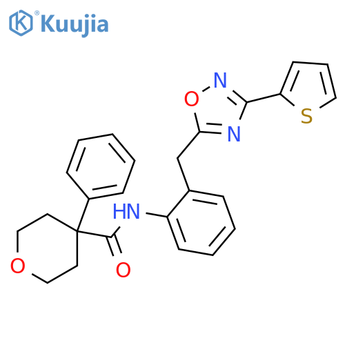 4-phenyl-N-(2-{[3-(thiophen-2-yl)-1,2,4-oxadiazol-5-yl]methyl}phenyl)oxane-4-carboxamide structure