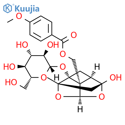 β-D-Glucopyranoside, (1aR,2S,3aR,5R,5aR,5bS)-tetrahydro-5-hydroxy-5b-[[(4-methoxybenzoyl)oxy]methyl]-2-methyl-2,5-methano-1H-3,4-dioxacyclobuta[cd]pentalen-1a(2H)-yl structure