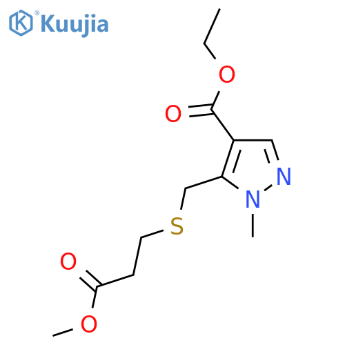 ethyl 5-{(3-methoxy-3-oxopropyl)sulfanylmethyl}-1-methyl-1H-pyrazole-4-carboxylate structure