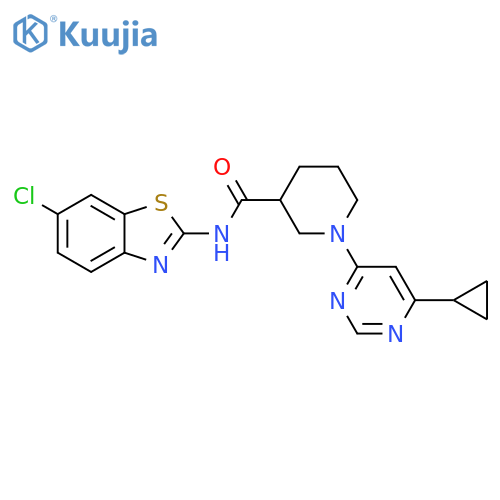N-(6-chloro-1,3-benzothiazol-2-yl)-1-(6-cyclopropylpyrimidin-4-yl)piperidine-3-carboxamide structure
