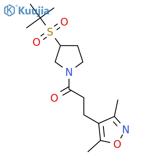 3-(3,5-dimethyl-1,2-oxazol-4-yl)-1-3-(2-methylpropane-2-sulfonyl)pyrrolidin-1-ylpropan-1-one structure