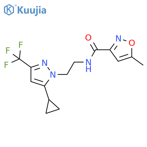 N-{2-5-cyclopropyl-3-(trifluoromethyl)-1H-pyrazol-1-ylethyl}-5-methyl-1,2-oxazole-3-carboxamide structure
