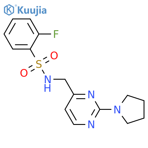 2-fluoro-N-{[2-(pyrrolidin-1-yl)pyrimidin-4-yl]methyl}benzene-1-sulfonamide structure
