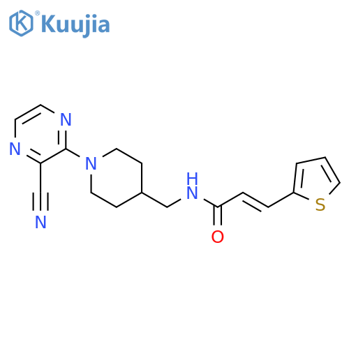 (E)-N-[[1-(3-cyanopyrazin-2-yl)piperidin-4-yl]methyl]-3-thiophen-2-ylprop-2-enamide structure