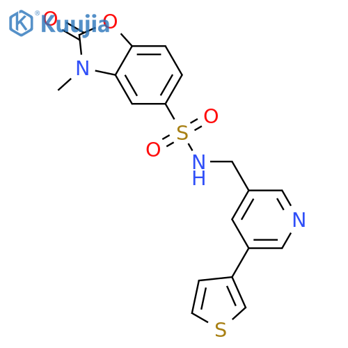 3-methyl-2-oxo-N-[(5-thiophen-3-ylpyridin-3-yl)methyl]-1,3-benzoxazole-5-sulfonamide structure