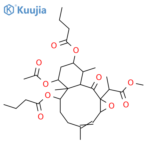 2,12,14-Trihydroxy-9-oxo-5,7-briaradien-18-oic acid; (2β,5Z,7Z,11α,12α,14α,17R)-form, 7β,8α-Epoxide, 2,12-dibutanoyl, 14-Ac, Me ester structure