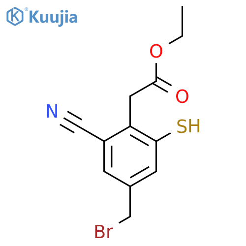 Ethyl 4-bromomethyl-2-cyano-6-mercaptophenylacetate structure