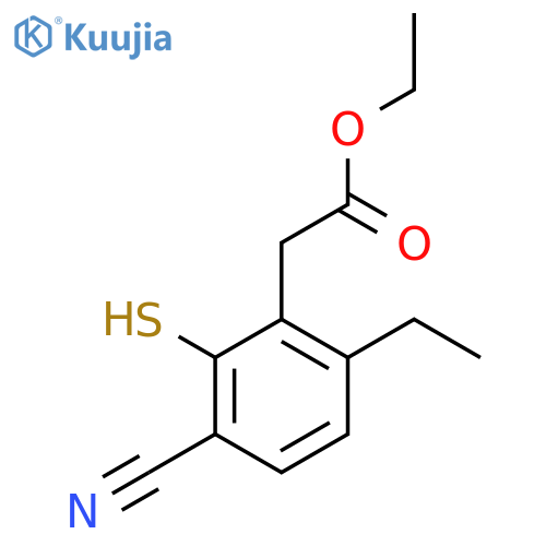 Ethyl 3-cyano-6-ethyl-2-mercaptophenylacetate structure
