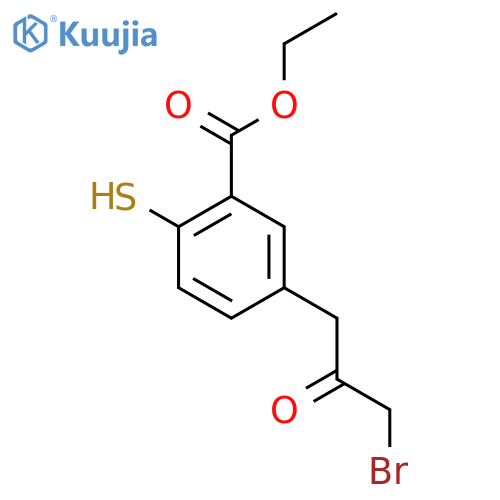 Ethyl 5-(3-bromo-2-oxopropyl)-2-mercaptobenzoate structure