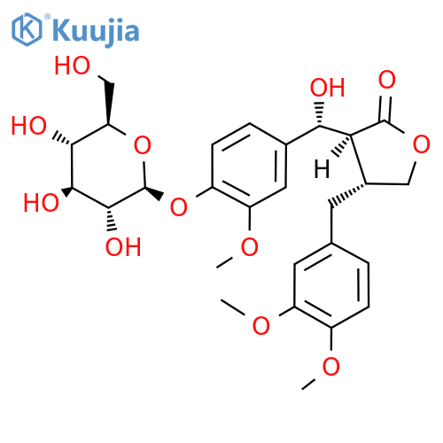 (7R,8S,8′R)-4,7-Dihydroxy-3,3′,4′-trimethoxyl-9-oxo dibenzylbutyrolactone lignan-4-O-β-D-glucopyranoside structure