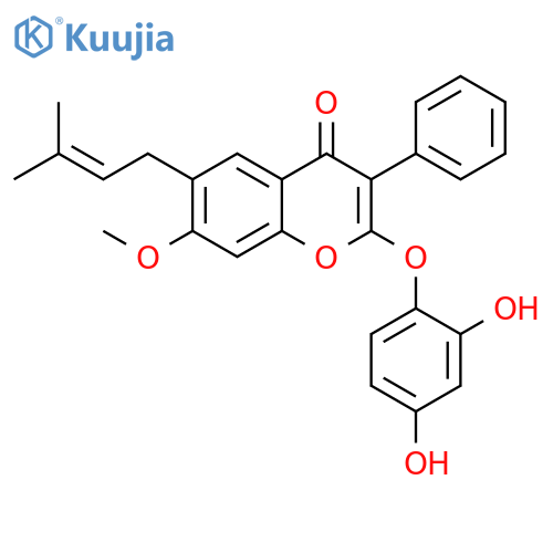 4H-1-Benzopyran-4-one, 2-(2,4-dihydroxyphenoxy)-7-methoxy-6-(3-methyl-2-buten-1-yl)-3-phenyl- structure