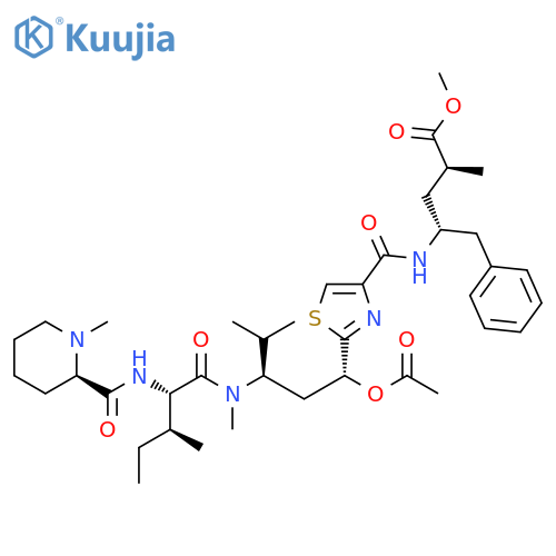 Methyl (αS,γR)-γ-[[[2-[(1R,3R)-1-(acetyloxy)-4-methyl-3-[methyl[(2S,3S)-3-methyl-2-[[[(2R)-1-methyl-2-piperidinyl]carbonyl]amino]-1-oxopentyl]amino]pentyl]-4-thiazolyl]carbonyl]amino]-α-methylbenzenepentanoate structure
