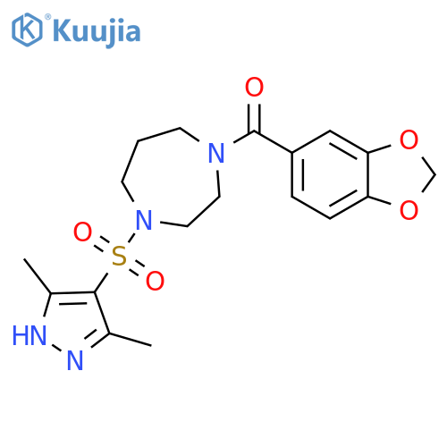 1-(2H-1,3-benzodioxole-5-carbonyl)-4-[(3,5-dimethyl-1H-pyrazol-4-yl)sulfonyl]-1,4-diazepane structure