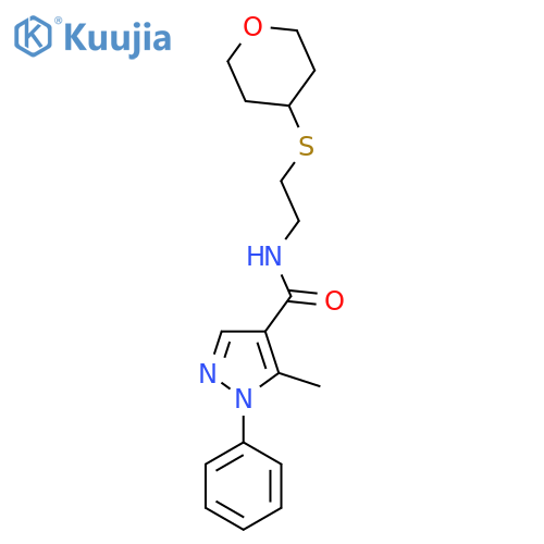 5-methyl-1-phenyl-N-(2-((tetrahydro-2H-pyran-4-yl)thio)ethyl)-1H-pyrazole-4-carboxamide structure