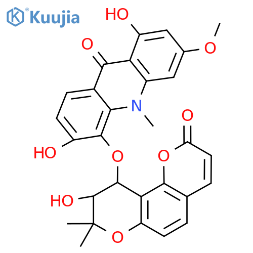 9(10H)-Acridinone, 5-[(9,10-dihydro-9-hydroxy-8,8-dimethyl-2-oxo-2H,8H-benzo[1,2-b:3,4-b']dipyran-10-yl)oxy]-1,6-dihydroxy-3-methoxy-10-methyl-, cis-(+)- (9CI) structure