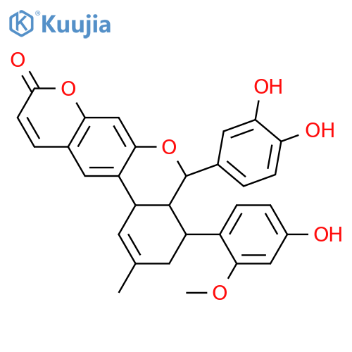 4H,9H-[2]Benzopyrano[4,3-g][1]benzopyran-9-one, 5-(3,4-dihydroxyphenyl)-3,4a,5,12b-tetrahydro-4-(4-hydroxy-2-methoxyphenyl)-2-methyl-, (4R,4aS,5S,12bR)-rel-(+)- (9CI) structure