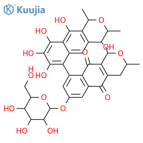 [6,9'-Bi-1H-naphtho[2,3-c]pyran]-5',10'-dione, 7'-(β-D-glucopyranosyloxy)-3,3',4,4'-tetrahydro-4,7,8,9,10-pentahydroxy-1,1',3,3'-tetramethyl-, (1R,1'R,3R,3'R,4S)-rel-(+)- structure