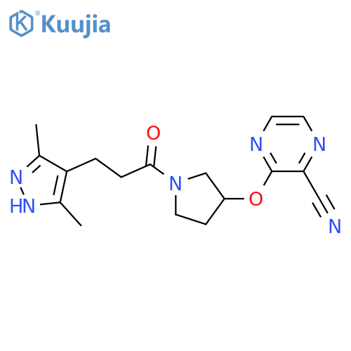 3-({1-[3-(3,5-dimethyl-1H-pyrazol-4-yl)propanoyl]pyrrolidin-3-yl}oxy)pyrazine-2-carbonitrile structure