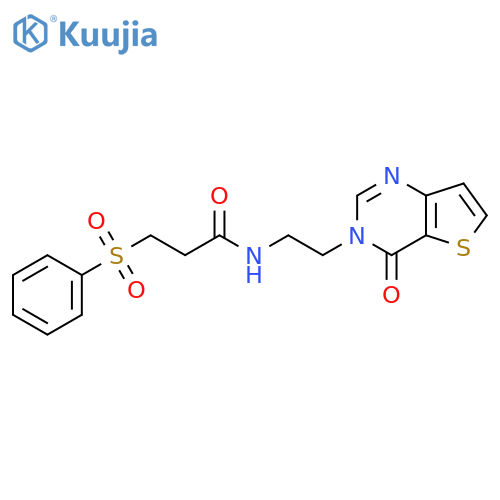 3-(benzenesulfonyl)-N-(2-{4-oxo-3H,4H-thieno[3,2-d]pyrimidin-3-yl}ethyl)propanamide structure