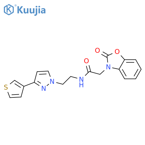 2-(2-oxo-2,3-dihydro-1,3-benzoxazol-3-yl)-N-{2-[3-(thiophen-3-yl)-1H-pyrazol-1-yl]ethyl}acetamide structure