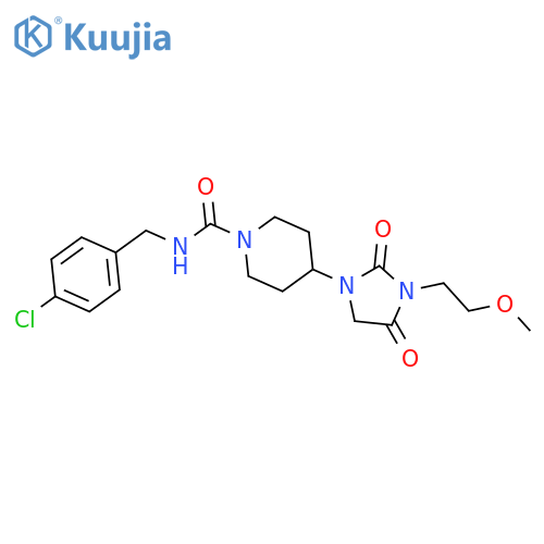 N-(4-chlorophenyl)methyl-4-3-(2-methoxyethyl)-2,4-dioxoimidazolidin-1-ylpiperidine-1-carboxamide structure