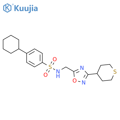 4-cyclohexyl-N-{[3-(thian-4-yl)-1,2,4-oxadiazol-5-yl]methyl}benzene-1-sulfonamide structure