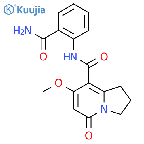 N-(2-carbamoylphenyl)-7-methoxy-5-oxo-1,2,3,5-tetrahydroindolizine-8-carboxamide structure