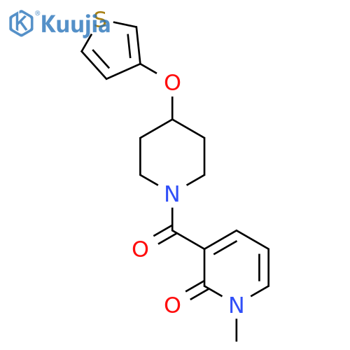 1-methyl-3-[4-(thiophen-3-yloxy)piperidine-1-carbonyl]-1,2-dihydropyridin-2-one structure