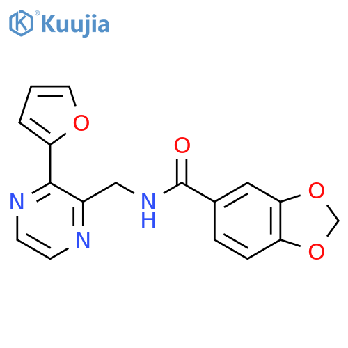 N-{3-(furan-2-yl)pyrazin-2-ylmethyl}-2H-1,3-benzodioxole-5-carboxamide structure